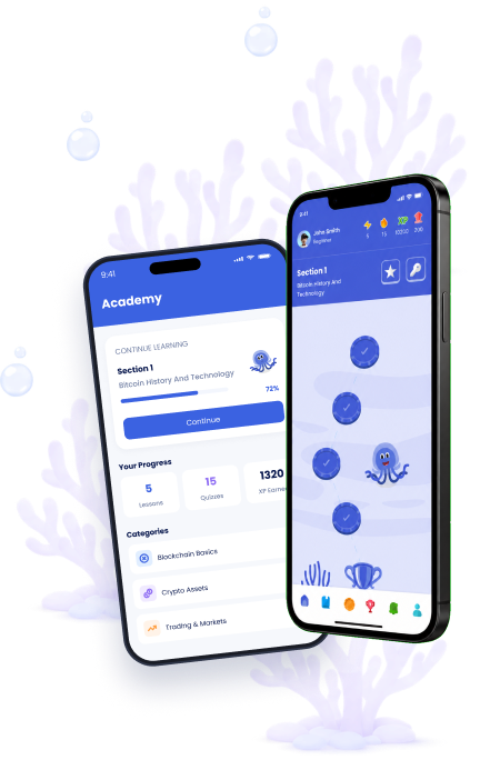 Dohrnii Academy app showing learning topics and progress on two phones