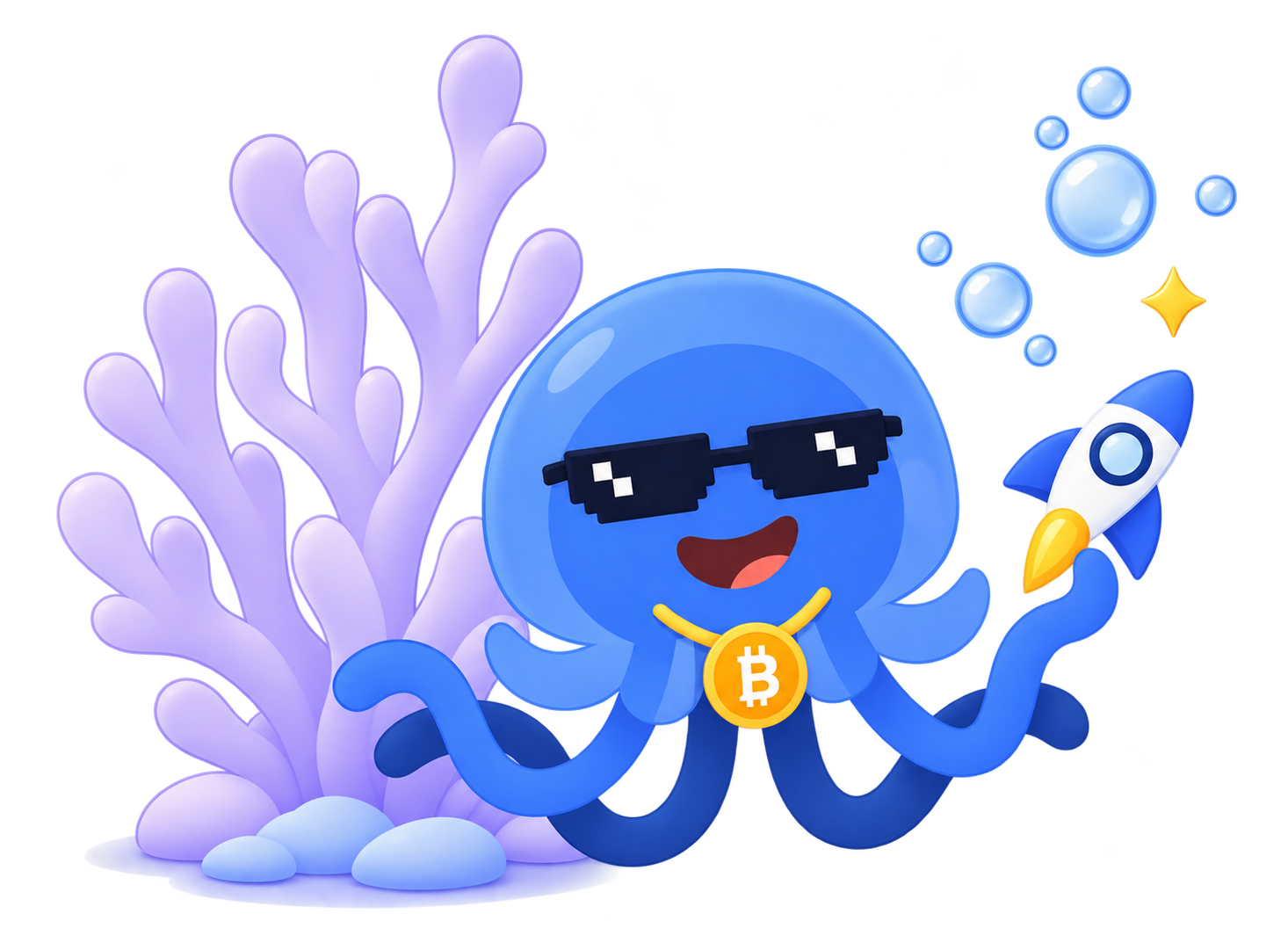 Dohrnii jellyfish wearing pixel sunglasses and a Bitcoin pendant, holding a rocket