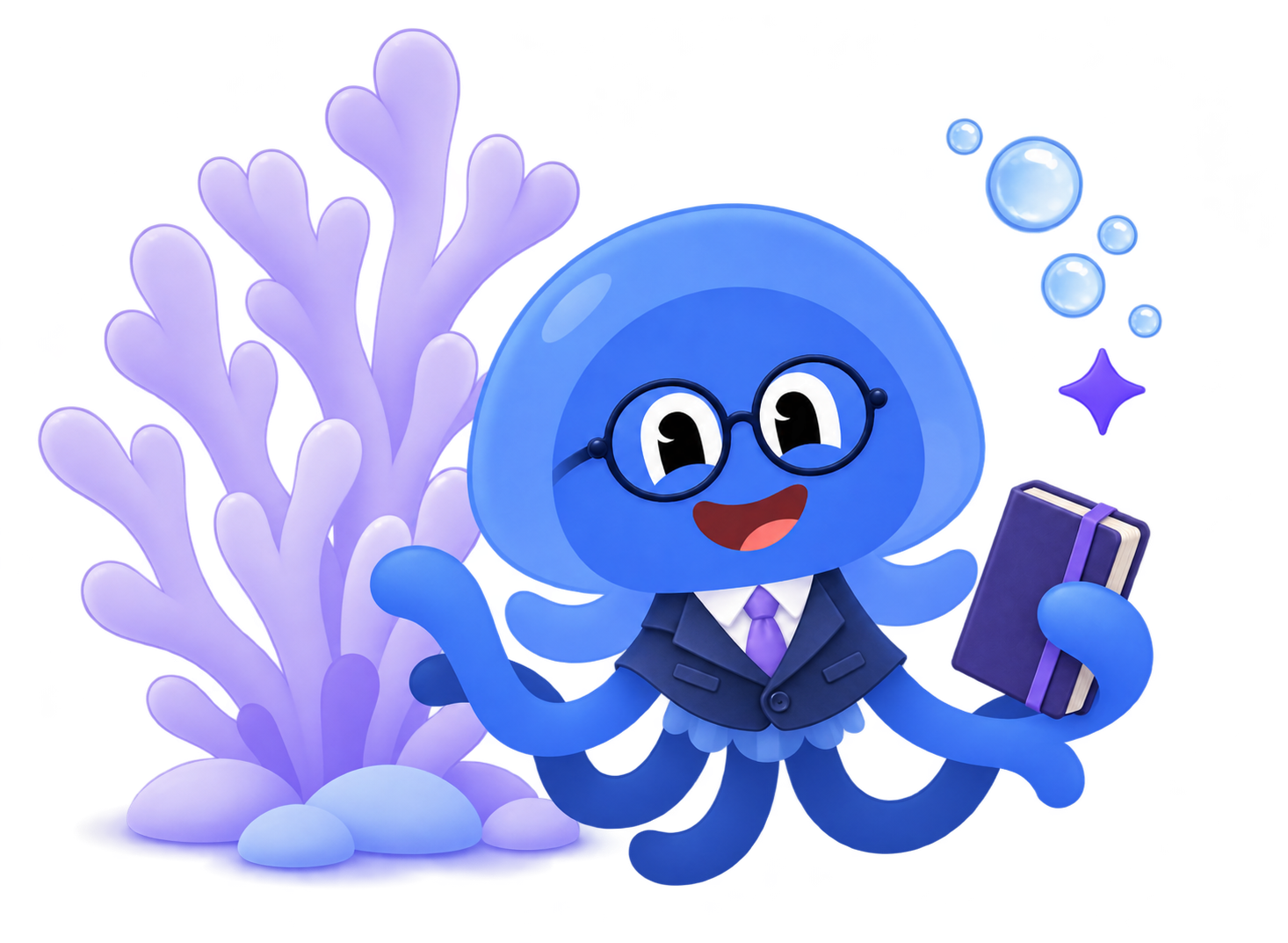 Dohrnii jellyfish wearing round glasses and a navy jacket, holding a notebook